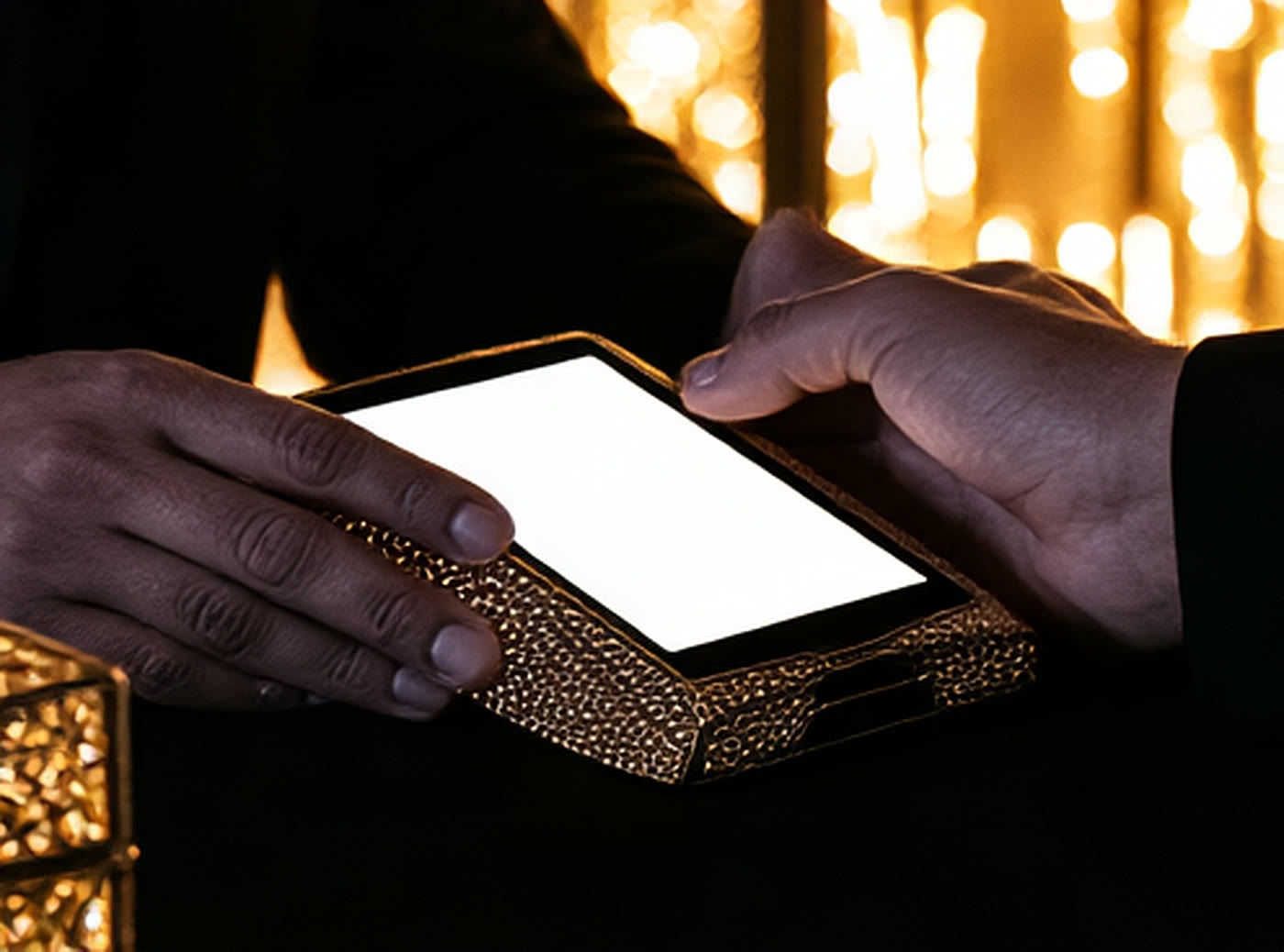 Zwei Hände halten ein goldenes Smartphone mit leerem Bildschirm