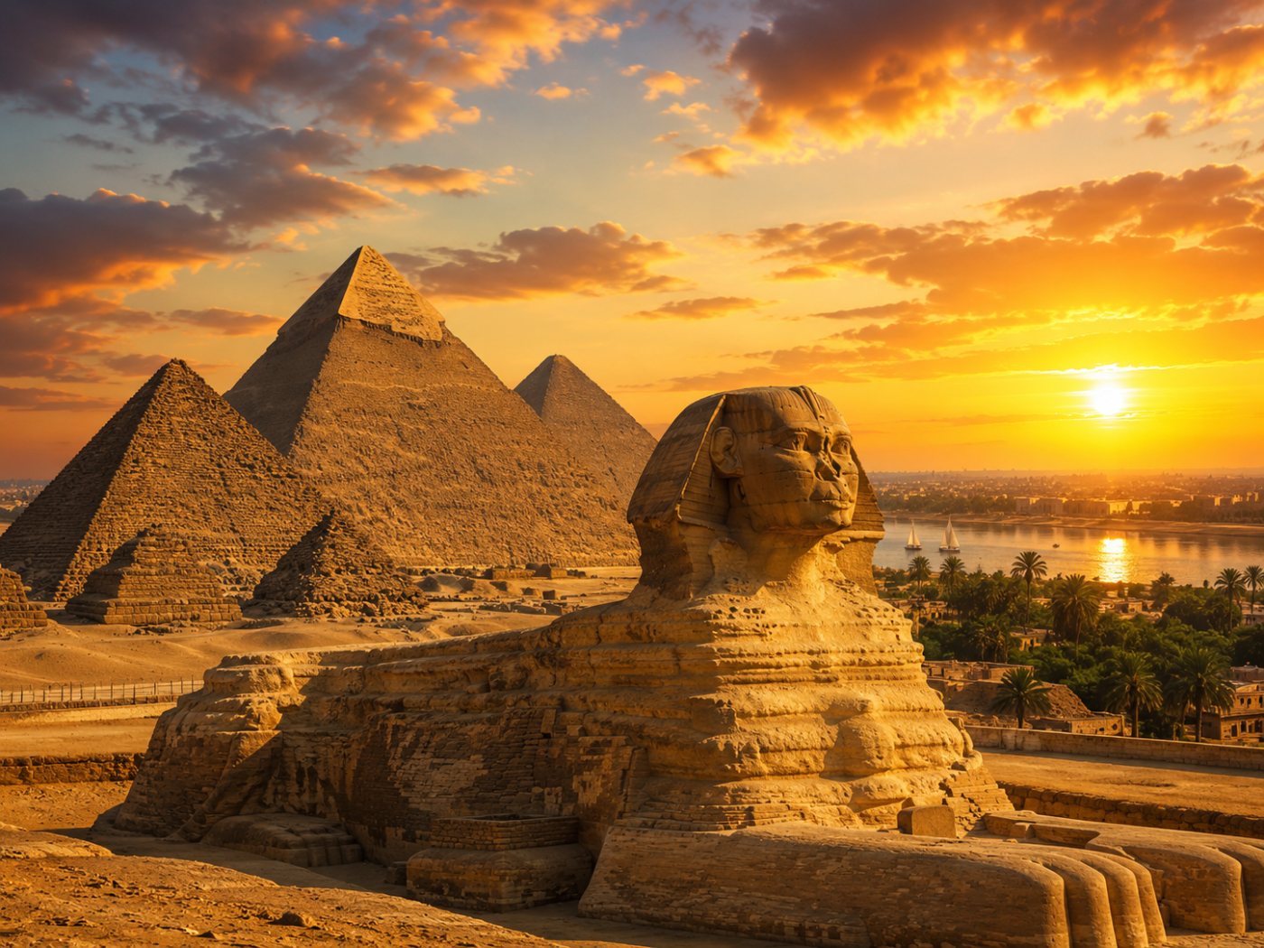 Sphinx und Pyramiden im Sonnenuntergang